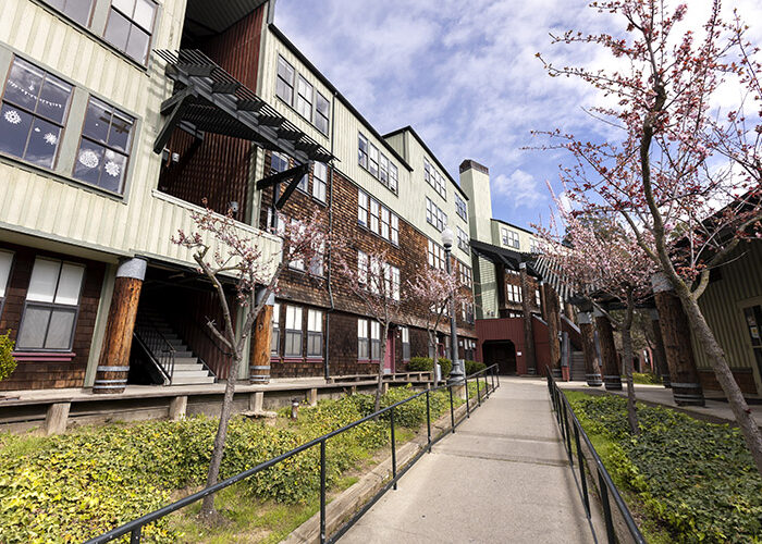 An exterior shot of Foothill section shows the building next to a sidewalk lined with cherry blossom trees.