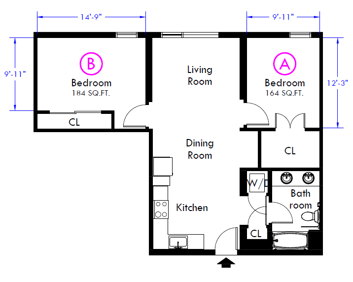 Two-dimensional rendering of an Intersection Apartments two-bedroom, one-bath apartment