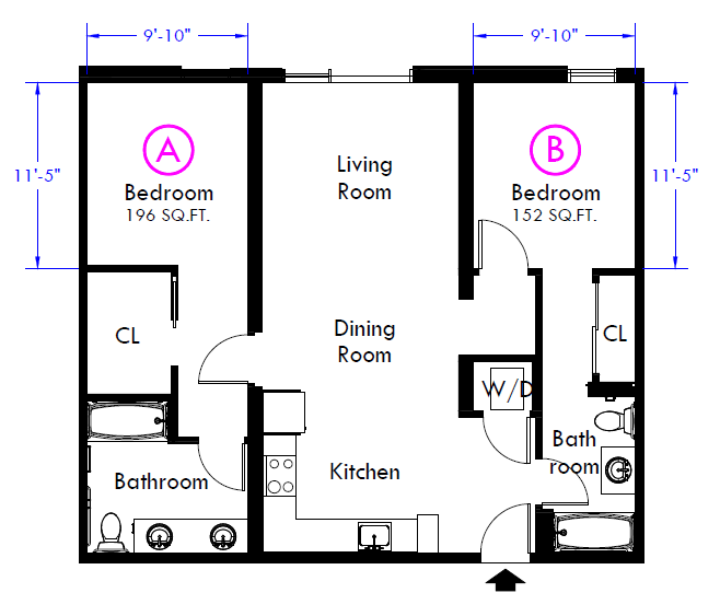 Two-dimensional rendering of an Intersection Apartments two-bedroom, two-bath apartment with an open kitchen entry layout