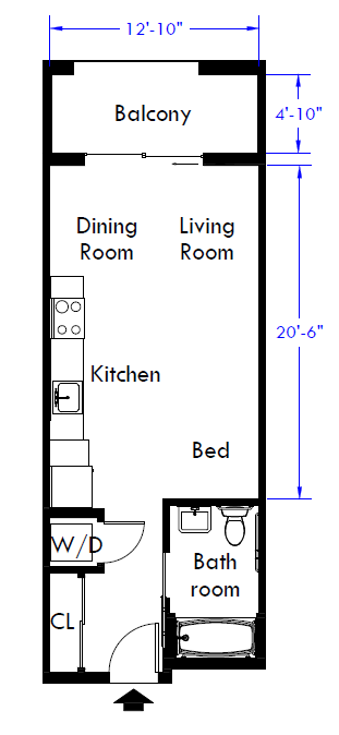Two-dimensional rendering of an Intersection Apartments studio apartment with balcony